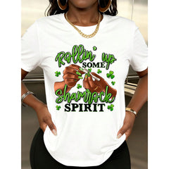 Women Rollin Up Some Shamrock Spirit Clover Print T-Shirt St Patrick's Day Party Wear