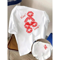 Kiss Mark, Love Print Tshirt Short Sleeve Crew Neck Casual Top for Summer Spring, Women's Clothing