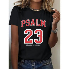 Women's 100% Cotton Psalm 23 Print T-Shirt Round Neck Short Sleeve All-Season Comfort Outdoor Apparel Geometric Print Tee Black Crewneck Fitted Streetwear Tshirt Casual Everyday Style Summer Fashion Top Womenswear Shortsleeve