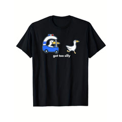 Men's Funny Goose Police & Ambulance Cartoon Graphic T-Shirt - "Got Too Silly" Slogan, Breathable Cotton Moisture-Wicking Crew Neck Tee, Black with Blue Retro Design, Casual Short Sleeve Shirt for Everyday & Streetwear, All-Season Comfort
