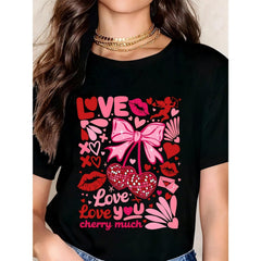 Cute Valentine T Shirt Love Cherry Much Heart Bow And Cupid Print For Women Romantic Outfit For Date Night Party And Casual Wear