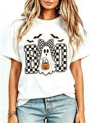 Bow Boo Ghost Print T-Shirt, Black White Plaid Ghost Pumpkin Bat Halloween White Short Sleeve Tee