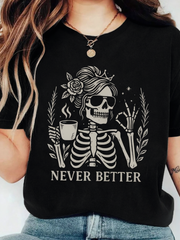 Skull Drinking Coffee Graphic Letter Slogan Round Neck Short Sleeve Plus Size T-Shirt