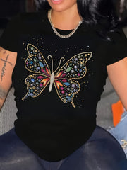 Butterfly-print crew-neck short-sleeve T-shirt; a casual top suitable for spring and summer.