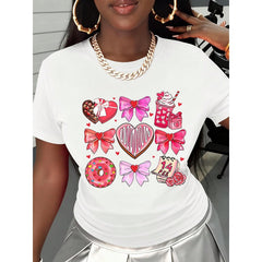 Valentine's Day Sweet Heart T-Shirt With Candy Bow Donut And Calendar Design For Women