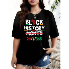 Black History Month 24 7 365 1 Pcs Women's Plus Size T-Shirt Funny Oversized Graphic Short Sleeve Tee Novelty Casual Crew Neck