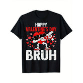 Teenagers 'Happy Valentine's Day Bruh' Game T-Shirt - Fashionable Pure Cotton, Black With Red Heart And Game Controller Graphic, Unisex Short Sleeve Casual T-Shirt