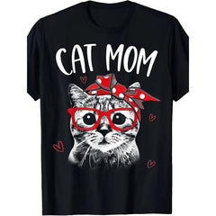 Cat Mom Graphic T-Shirt for Women - 100% Cotton Relaxed Fit Short Sleeve Round Neck, Vintage Style Cat with Red Bow & Hearts Design, Machine Washable Casual Summer Top, Mother'S Day Gift, Cat T Shirt, Playful Design Printed Shirt, Pet Lovers