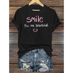 Black T-Shirt with Pink "Smile You Are Beautiful" Print - Stretchable Round Neck Short Sleeve Casual Blouse Top, Machine Washable Everyday Shirt Suitable for All-Season Wear & Layering, Comfortable Basic Wardrobe Essential