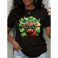 St Patrick's Day Highland Cow With Shamrock Sunglasses And Green Bandana T-Shirt