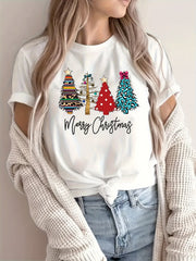 Women Merry Christmas Tee Multi Pattern Christmas Trees Xmas Graphic T Shirt