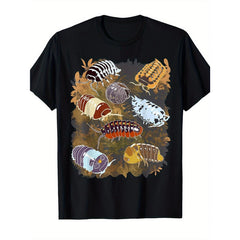 MenS & WomenS Isopod Collection Graphic T-Shirt | Black Streetwear Tee with Colorful Insect & Isopod Print, Round Neck, Short Sleeve, Casual