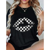 Womens Cotton Short Sleeve Graphic Tee Black And White Checkered Lips Print Casual Summer Top Crew Neck Soft Breathable Streetwear Outfit