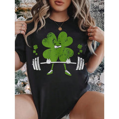 Round Neck T Shirt Clover Lifting Weights Print Short Sleeve Casual Summer Top For St Patrick's Day Workout And Everyday Wear