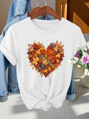 Women's Crew Neck Graphic T-Shirt, Fall Maple Leaf Heart Shape Autumn Leaves Short Sleeve Casual Tee