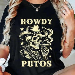 Funny Western Cowboy Skull T-Shirt | Howdy Partner Graphic Tee | 100% Cotton