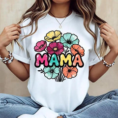 Floral Mama Print T-Shirt, White Crewneck Casual Wear for Women, Mother’s Day Gift, Easter Gifts adult humor funny streetwear graphic tee
