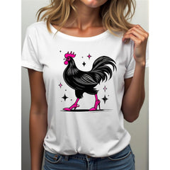 Women'S Funny Rooster & Stars Graphic T-Shirt - Bright Blue Y2K Cartoon Print Loose Fit Tee, Lightweight Breathable Short Sleeve Round Neck Top for Summer, Casual Party & Brunch Outfits, Machine Washable Everyday Shirt with Black & Pink Rooster Desi