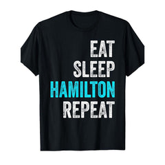 Eat Sleep Hamilton Repeat Slogan, Black with Turquoise Print