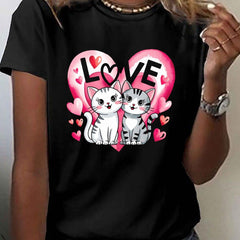 Valentine'S Day Cat Couple Print T-shirt | Women'S Short Sleeve Round Neck Casual Top, with Love Heart Design, Black and Pink/Red Embellishment, Medium Elastic, Machine Washable, Comfortable All Season, Romantic and Fun Cat Pattern