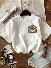Summer Retro Style Double-Sided Printed Short Sleeve Round Neck T-Shirt, Patterns Include Frogs, Flowers, and Mushrooms