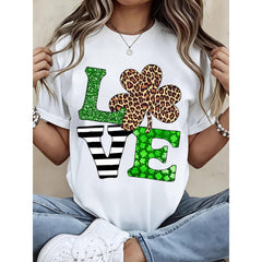 Love St Patrick Day Shirt With Leopard Clover Design Black T-Shirt For Women Casual Festive Wear Irish Celebration Outfit Green Glitter Print Cute Fashion Top Lucky Charm Pattern Streetwear Style Comfortable Soft Cotton Material Perfect