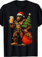 Men'S Funny Christmas T-Shirt with Sasquatch Santa Hat & Beer Mug Design Holiday Party Outfit Casual