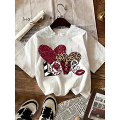 Women's Valentine's Day Heart Print T-Shirt Short Sleeve Round Neck Casual Elegant Top with Heart & Love Symbol Design