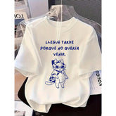 2026 Spring New Spanish Stylish Cat Print Casual Crew Neck Short Sleeve T-Shirt White