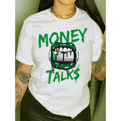 Women's Lips Dollar Letter Print Casual Short Sleeve T-Shirt, Slim Fit Crew Neck Summer Top