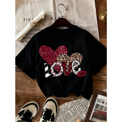 Women's Valentine's Day Heart Print T-Shirt Short Sleeve Round Neck Casual Elegant Top with Heart & Love Symbol Design