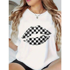 Womens Cotton Short Sleeve Graphic Tee Black And White Checkered Lips Print Casual Summer Top Crew Neck Soft Breathable Streetwear Outfit