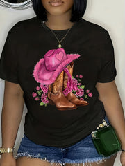 Women's Crew Neck Graphic T-Shirt, Pink Cowgirl Hat Boots with Roses Western Country Short Sleeve Casual Tee