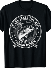 If She Takes The Bait Fishing Humor Vintage Bass Fish Fishing Rod Net Star Circle Graphic Men T-Shirt