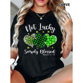 Women's Plus Size St. Patrick's Day Graphic T-Shirt - Lucky Shamrock & Leopard Print Hearts Design, Black With Green Accents, Short Sleeve Casual Top, Machine Washable, Festive Clothing, Playful Design, Allseason Wear