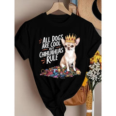 Chihuahua Puppy Print T-shirt | Casual Short Sleeve Crew Neck Top, Stylish All-Season Women'S Clothing, Slight Stretch Fabric