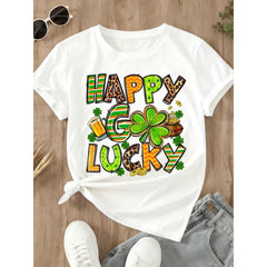 Happy Go Lucky St Patrick's Day Shirt Women's Festive T-Shirt With Clover Beer And Gold Design For Saint Patrick's Day Celebration