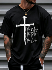 Men's Christian Faith Cross Print Tee, The Way The Truth The Life Letter Cotton Short Sleeve Casual Top