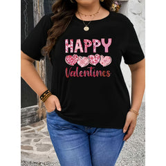 Plus Size, Plus-size T-shirt, Happy Valentine's Day Heart Print T-shirt, Black Crewneck Short-sleeve Printed T-shirt - Machine Washable, Suitable for Holiday Parties, Casual Outings, Friend Gatherings, Festive Attire, Holiday Gift