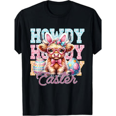 Howdy Easter Highland Cow Western Easter Bunny Ears T-Shirt Relaxed Fit Tees for a Growing Season, Casual Style, SpringSummer, Crew Neck, Regular Sleeve2026 Grandpa Day