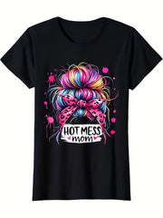Hot Mess Mom Messy Bun Graphic T‑Shirt Women Colorful Leopard Bow Casual Short Sleeve Tee