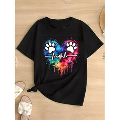 Geometric Paw & Heart Print, Regular Fit, Women's Plus Size T-Shirt, Casual Crew Neck, Short Sleeve, Machine Washable, Spring/Summer Fashion, Stretch Knit Fabric