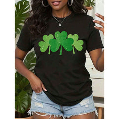 Women T Shirt Clover Print Round Neck Casual Top For St Patricks Day Gift 220g