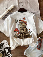 Summer Retro Style Double-Sided Printed Short Sleeve Round Neck T-Shirt, Patterns Include Frogs, Flowers, and Mushrooms