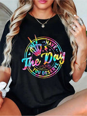 Have The Day You Deserve Skeleton Peace Hand Graphic T-Shirt, Rainbow Tie Dye Skeleton Hand Tee for Women
