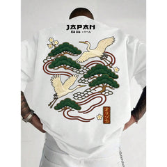 Men's Casual Versatile Simple Japanese Crane Print Short Sleeve T-Shirt