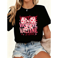 Valentine's Day, Top, Women's Clothing, Ladies 100% Cotton Valentine's Day T-Shirt - Bright Red Pink Bow And VALENTINE Print Short Sleeve Casual Top, Loose H-Cut Suitable For Light Blue Jeans, Scattered Heart Pattern