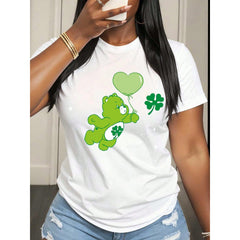 Women St Patrick's Day Green Bear With Shamrock And Heart Balloon Print T Shirt Fashion Casual Round Neck Top Soft Comfortable All Season Suitable For St Patrick's Day Festival Celebration Outfit