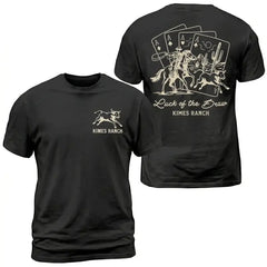 Women's Western Rodeo Graphic T-Shirt, Luck of the Draw Short Sleeve Loose Casual Top with Playing Cards, Horse Rider and Dog Back Print