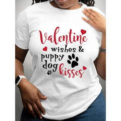 Valentines Day Plus Size Short Sleeve Crew Neck T Shirt with Valentine Wishes And Puppy Dog Kisses Design Featuring Hearts And Paw Prints Perfect for Dog Lovers Celebrating Love And Romance On Valentines Day Ideal for Casual Wear Parties Or Gift